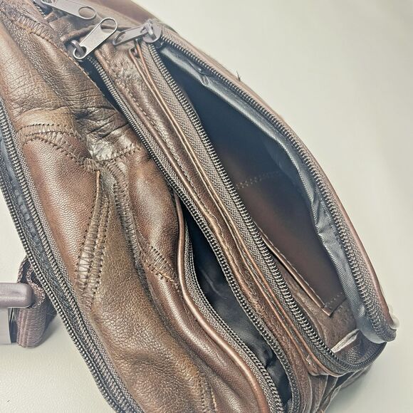 Vintage Italian Leather Oversized‎ Fanny Pack Bag 6 Pockets Adjustable Brown - Picture 6 of 7